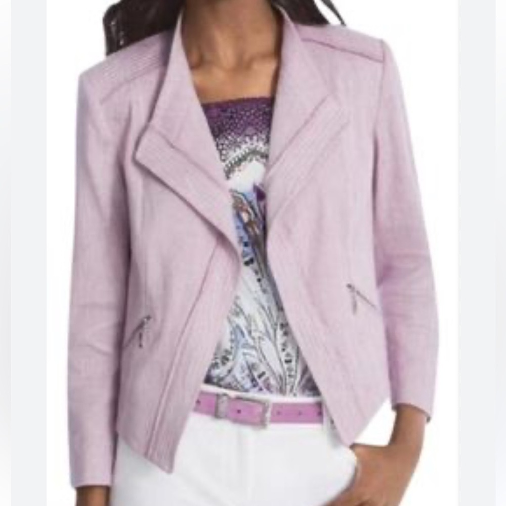 White House Black Market moto linen open front lilac jacket blazer sz 10